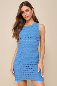 Attracted to You Blue Sleeveless Crochet Mini Bodycon Dress