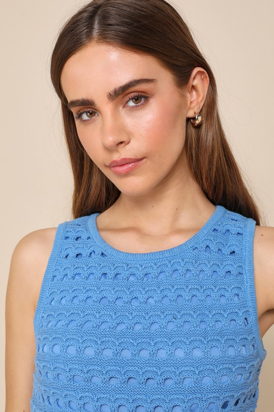Shop Lulus Attracted To You Blue Sleeveless Crochet Mini Bodycon Dress