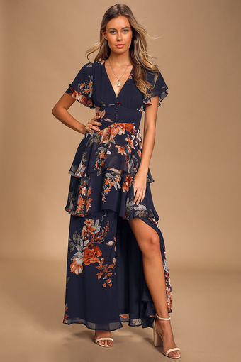 Midnight Mood Navy Blue Floral Print Tiered Maxi Dress 1
