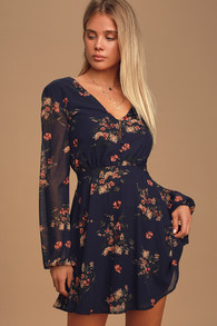 Always Yours Navy Blue Floral Print Long Sleeve Skater Dress 1