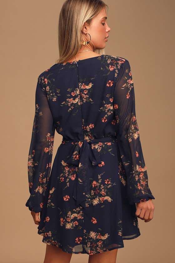 Always Yours Navy Blue Floral Print Long Sleeve Skater Dress 5