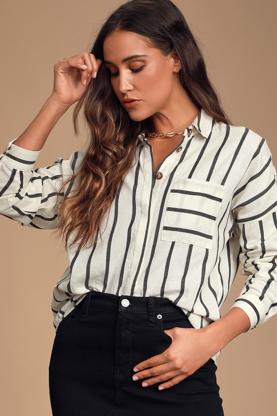 Amelia Dawn Off-White Striped Long Sleeve Button-Up Top 1