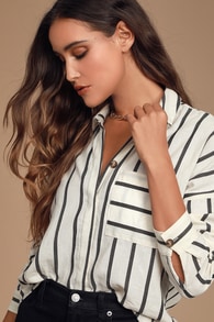 Amelia Dawn Off-White Striped Long Sleeve Button-Up Top