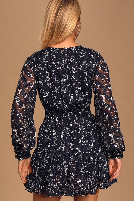 Navy Blue Dress - Floral Print Dress - Long Sleeve Mini Dress - Lulus