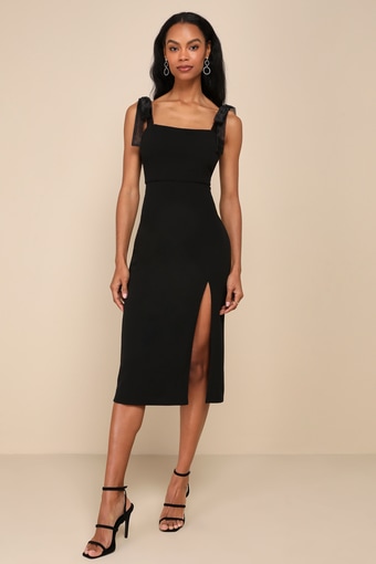 Romantic Celebration Black Tie-Strap Bodycon Midi Dress 1