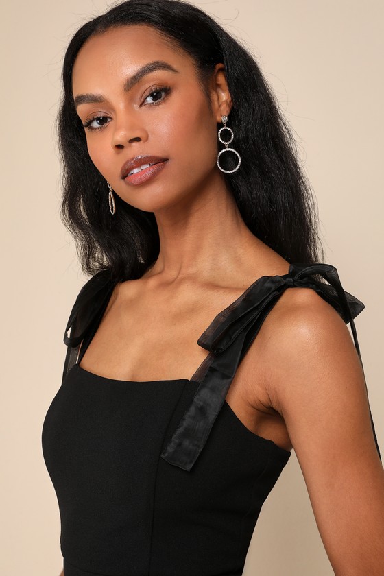 Lulus Romantic Celebration Black Tie-strap Bodycon Midi Dress In Black