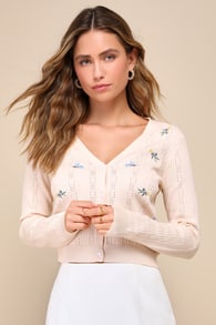 Impressive Sweetness Cream Pointelle Knit Embroidered Cardigan
