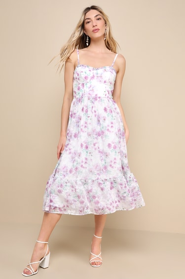 Deeply Darling White Floral Organza Burnout Strapless Midi Dress