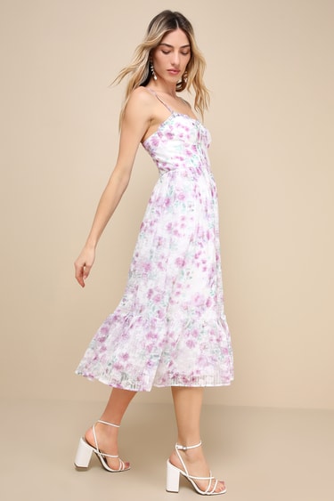 Deeply Darling White Floral Organza Burnout Strapless Midi Dress