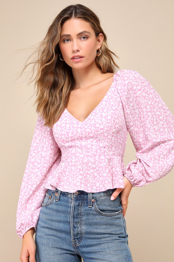 Lulus Seasonal Blossom Pink Floral Lace-up Puff Sleeve Peplum Top