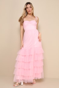 Endlessly Darling Pink Mesh Tiered Tie-Strap Maxi Dress