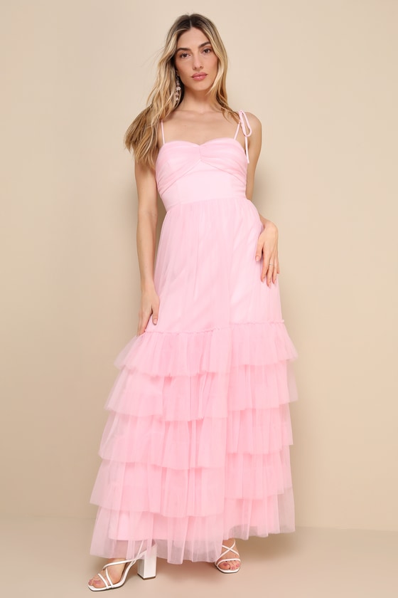 Endlessly Darling Pink Mesh Tiered Tie-Strap Maxi Dress 1