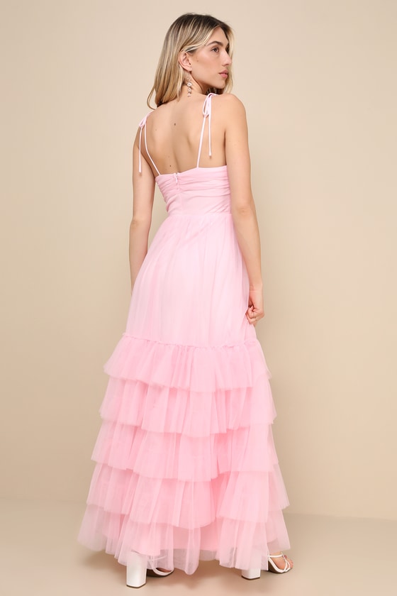 Pink Mesh Dress - Tiered Tie-Strap Dress - Mesh Maxi Dress