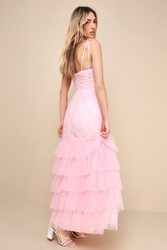 Lulus Endlessly Darling Pink Mesh Tiered Tie-strap Maxi Dress In Pink