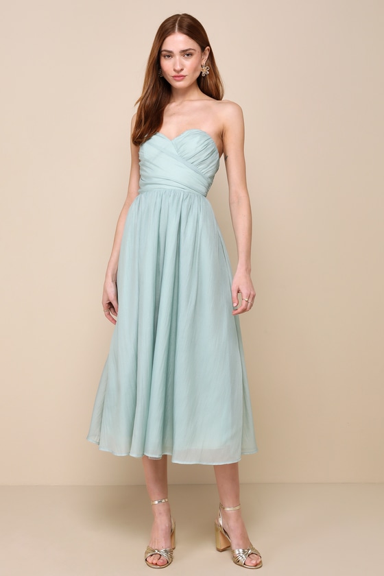 Lulus Fairytale Design Sage Green Organza Strapless A-line Midi Dress