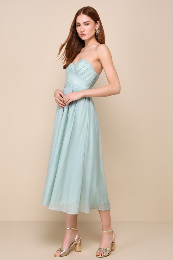 Sage Green Dress - Organza Strapless Dress - A-Line Midi Dress - Lulus