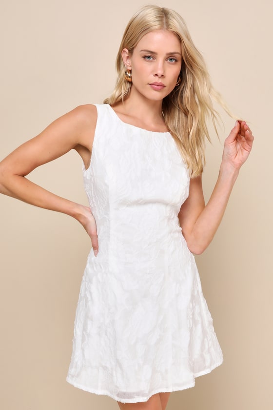 Lulus Exquisite Moments White Floral Jacquard Sleeveless Mini Dress