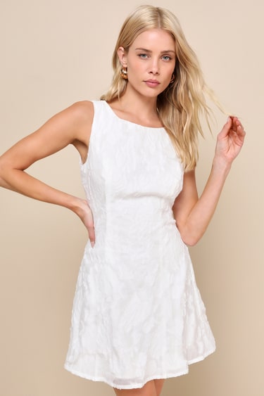 White Floral Jacquard Dress Sleeveless Dress Cute Mini Dress