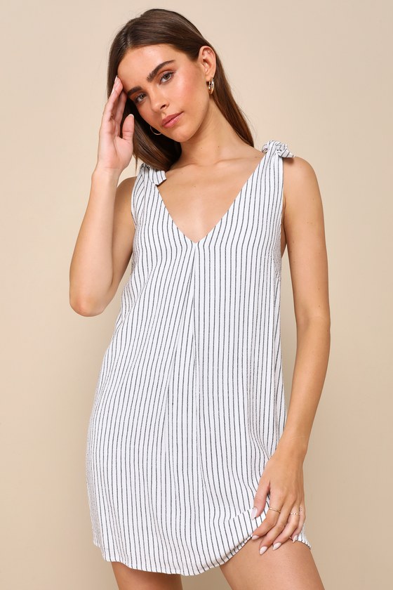 Shop Lulus Spanish Summers Ivory Striped Linen Tie-strap Shift Mini Dress