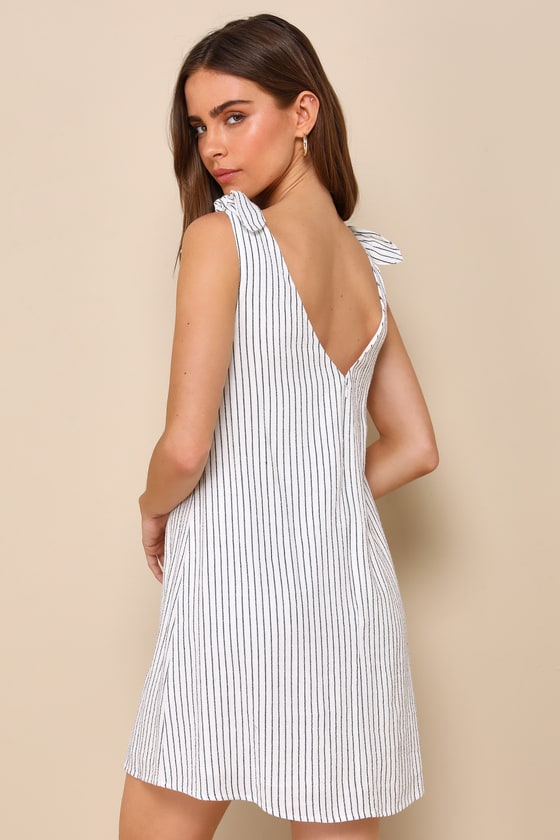 Shop Lulus Spanish Summers Ivory Striped Linen Tie-strap Shift Mini Dress