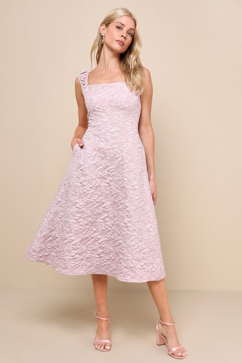Springtime Aura Mauve Jacquard Lace-Up Midi Dress with Pockets