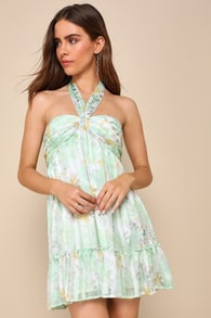 Radiantly Sweet Light Green and White Floral Halter Mini Dress