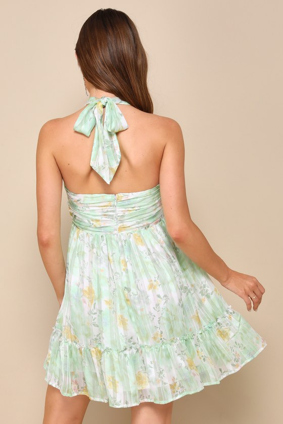 Shop Lulus Radiantly Sweet Light Green And White Floral Halter Mini Dress
