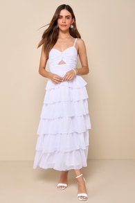 Poised Impression White Tiered Ruffled Cutout Midi Dress