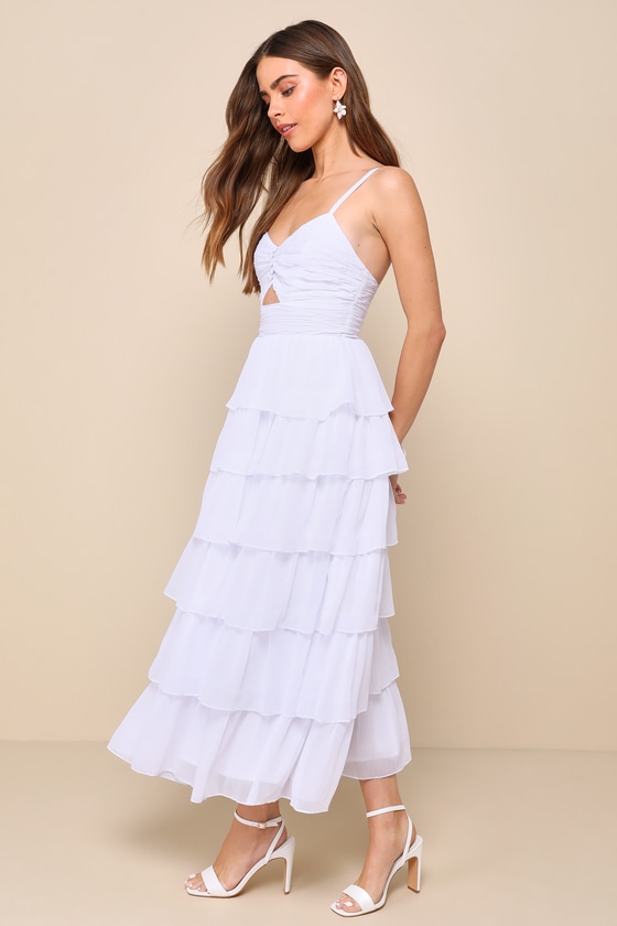Shop Lulus Poised Impression White Tiered Ruffled Cutout Midi Dress