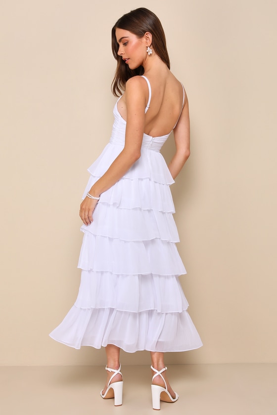Shop Lulus Poised Impression White Tiered Ruffled Cutout Midi Dress
