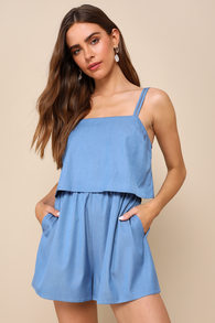 Playful Direction Blue Chambray Sleeveless Romper