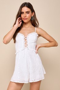 Blissfully Adored White Eyelet Embroidered Lace-Up Romper