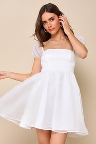 Sweetest Grace Shiny White Organza Puff Sleeve Mini Dress