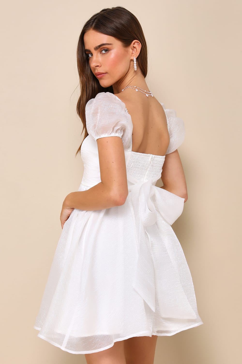 Sweetest Grace Shiny White Organza Puff Sleeve Mini Dress