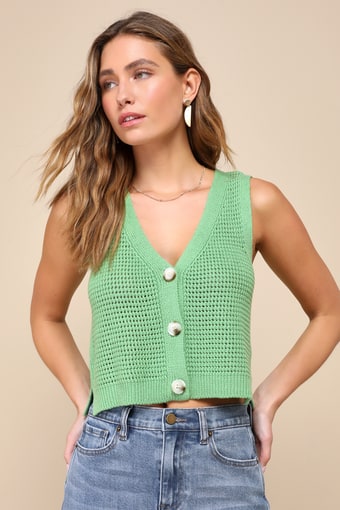 Aesthetic Ease Green Pierced Knit Button-Front Cropped Tank Top