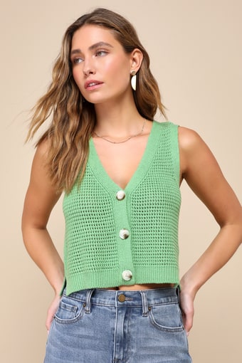 Aesthetic Ease Green Pierced Knit Button-Front Cropped Tank Top 1