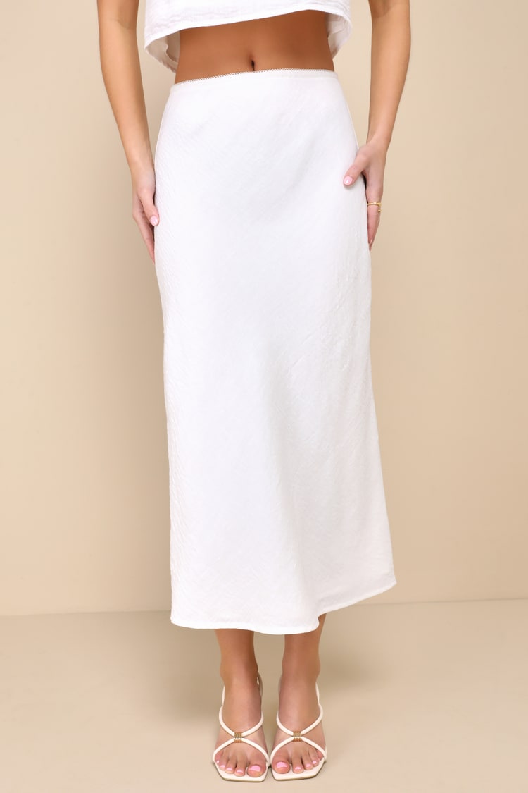 Pleasant Poise White High-Rise A-Line Midi Skirt