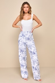 Countryside Cutie White Floral Print Linen High-Rise Pants