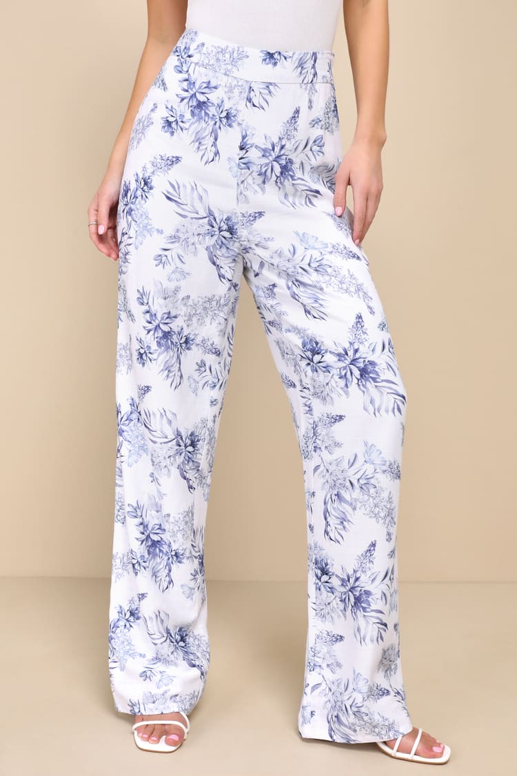 Countryside Cutie White Floral Print Linen High-Rise Pants