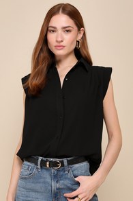 Chic Candidate Black Collared Sleeveless Button-Up Top