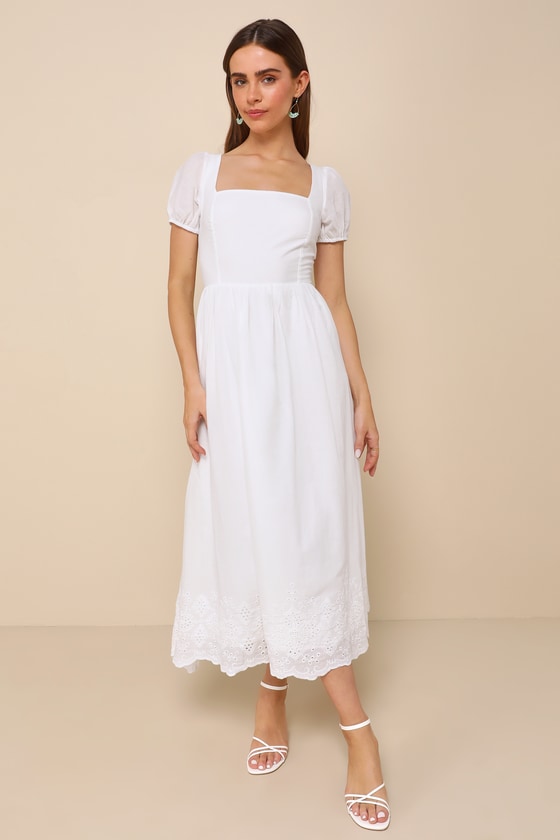 Lulus Stylish Merriment White Puff Sleeve Embroidered Midi Dress