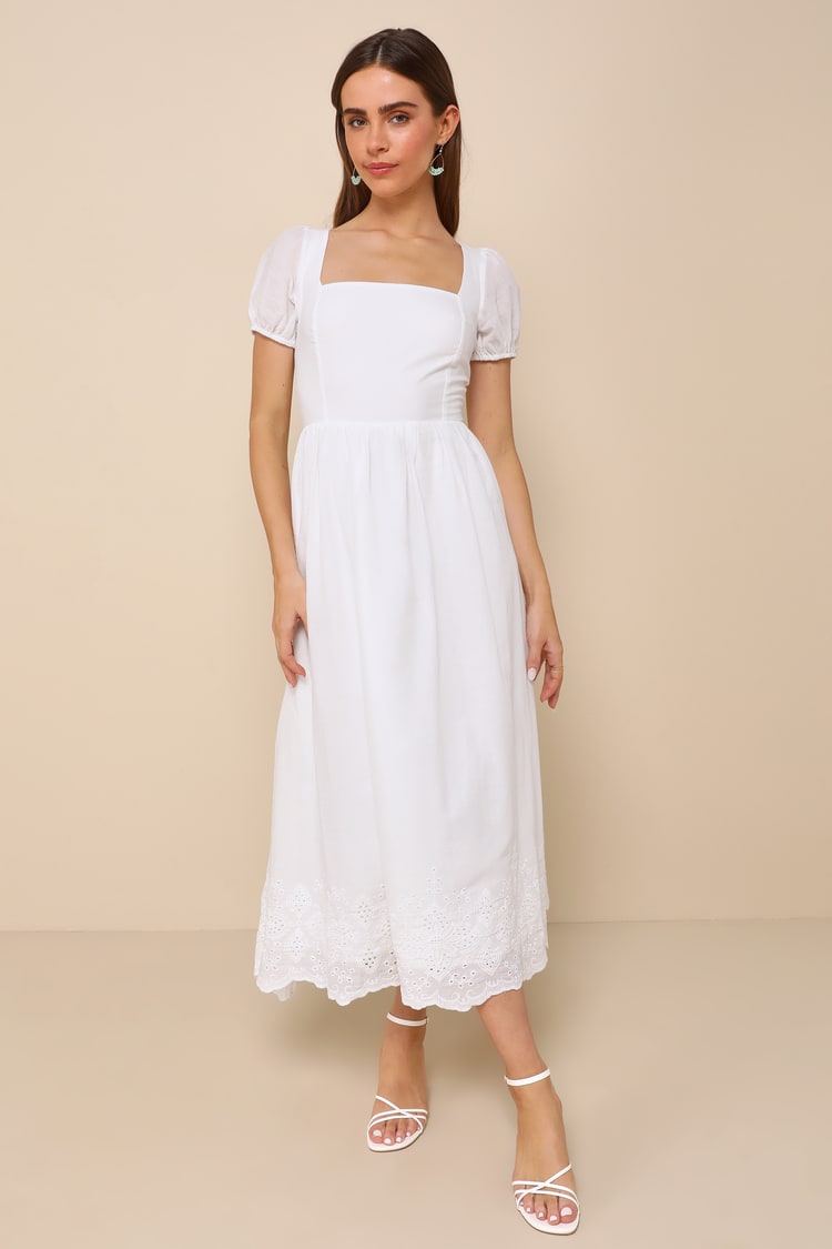 knee length dresses for ladies Puff-Sleeve Off-White A-Line Midi Dress