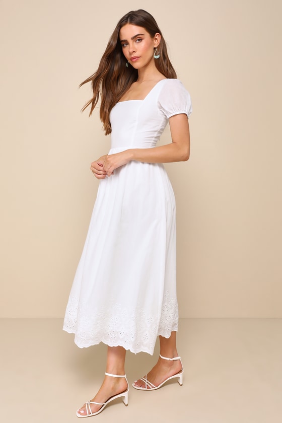 Lulus Stylish Merriment White Puff Sleeve Embroidered Midi Dress In White