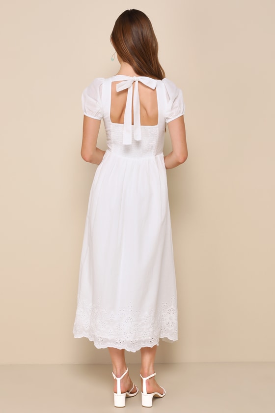Lulus Stylish Merriment White Puff Sleeve Embroidered Midi Dress In White