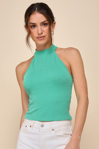 See You Then Green Ribbed Mock Neck Sleeveless Crop Top