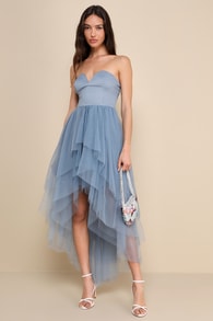 Precious Angel Slate Blue Mesh Strapless High-Low Maxi Dress