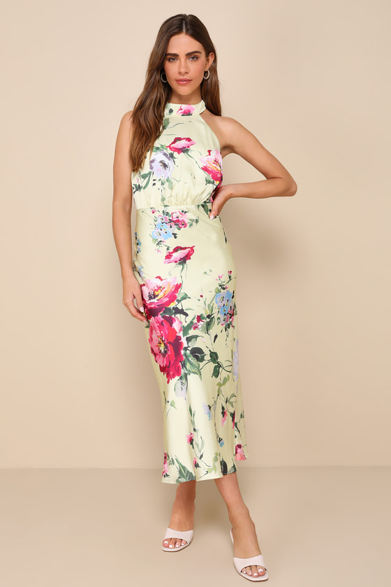 Light Yellow Floral Dress - Satin Dress - Halter Midi Dress - Lulus