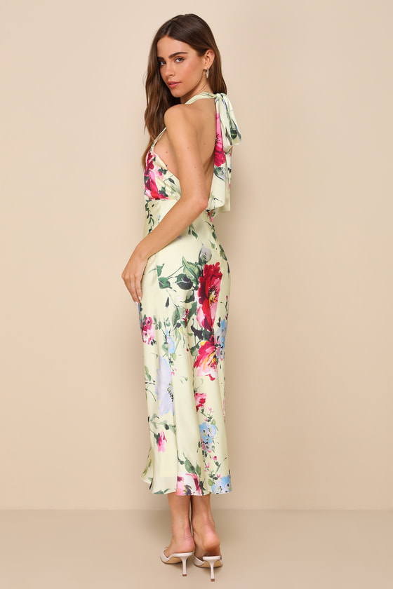Light Yellow Floral Dress - Satin Dress - Halter Midi Dress - Lulus