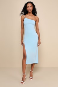 Flattering Finesse Light Blue Cutout One-Shoulder Midi Dress