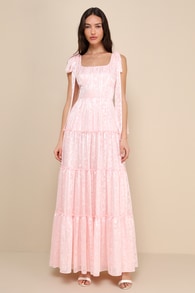 Picturesque Allure Blush Pink Jacquard Tie-Strap Maxi Dress